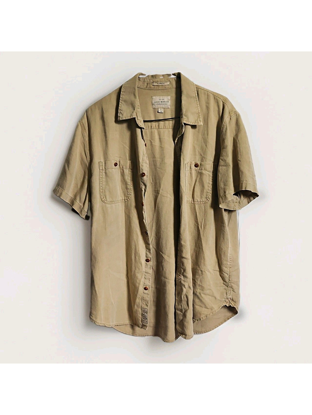 Lucky Brand Men's L Beige Classic Fit Short Sleeve Button-Up Shirt